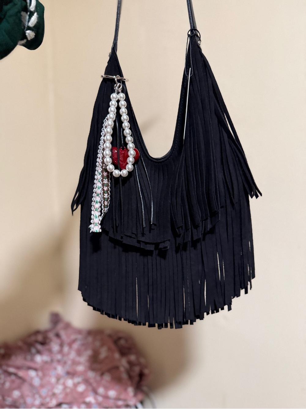 Black Fringe Shoulder Bag with Pearl & Red Heart Accent